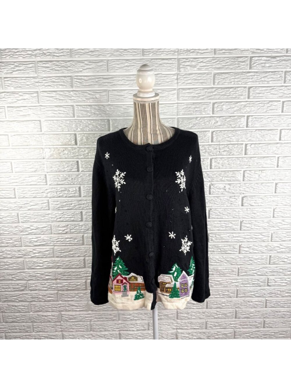 Vintage Holiday Editions Christmas Cardigan Sweater Embroidered Village Size XL